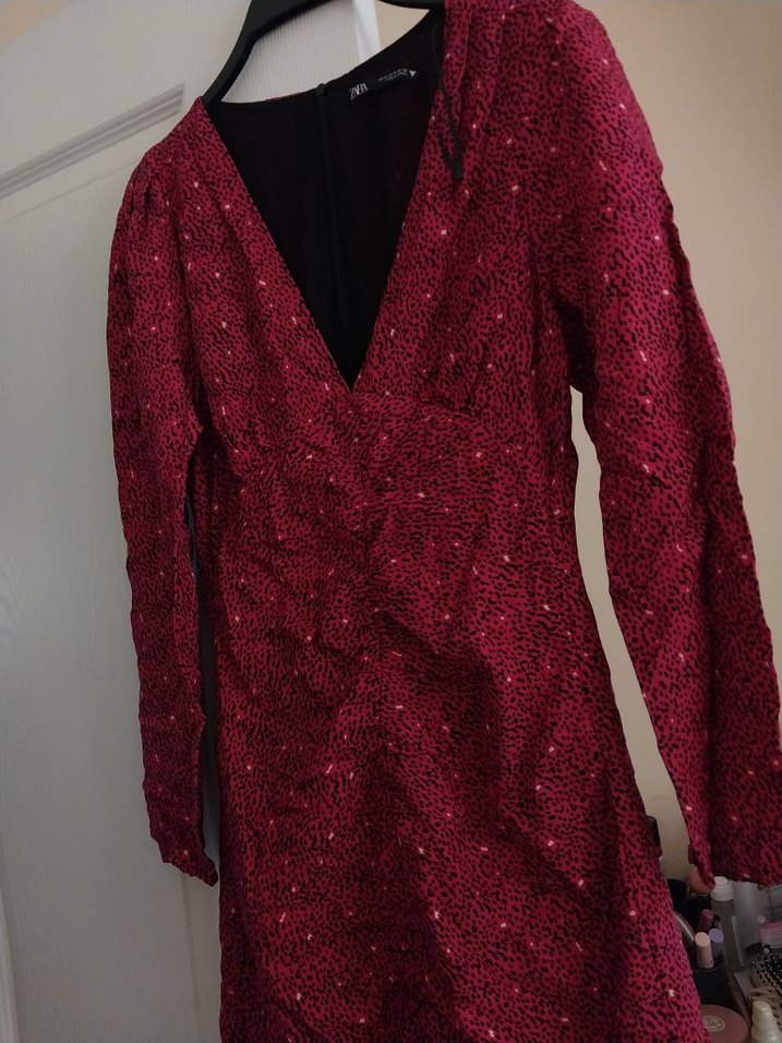 Bordo Desenli V Yaka Midi Kadın Elbise - Görsel 4