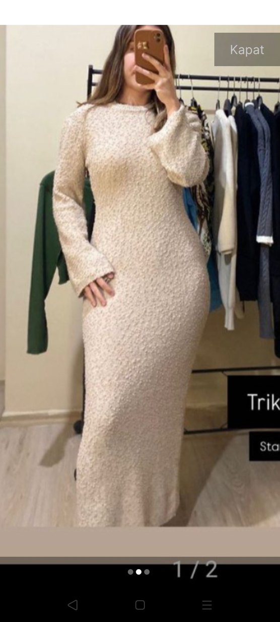 Beyaz Uzun Kollu Yüksek Yaka Elbise - Görsel 2