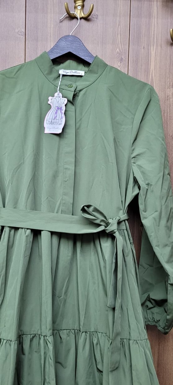 etiketli düğmeli, Uzun, Saten Görünümlü Haki  kat kat   elbise - Görsel 3