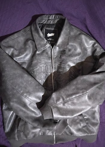 Pull and Bear Gri Deri Erkek Ceket Notch Yaka - Görsel 4