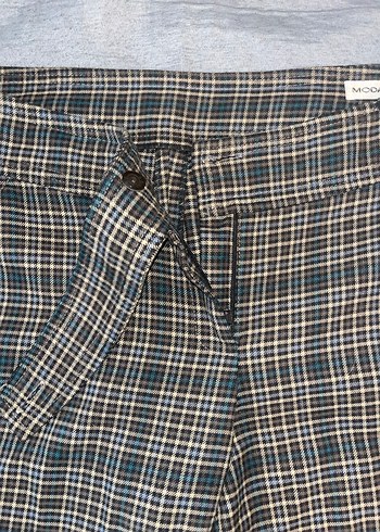 Kadın Gri Kareli Kemerli Kumaş Pantolon Vintage - Görsel 3