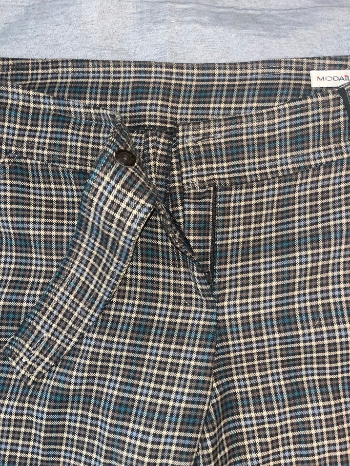 Kadın Gri Kareli Kemerli Kumaş Pantolon Vintage - Görsel 3