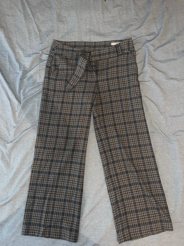 Kadın Gri Kareli Kemerli Kumaş Pantolon Vintage - Görsel 2