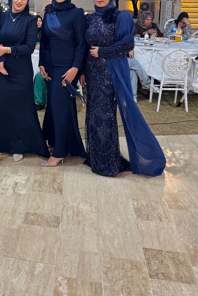 Uzun Kollu Lacivert Drape Detaylı Abiye Elbise - Görsel 2