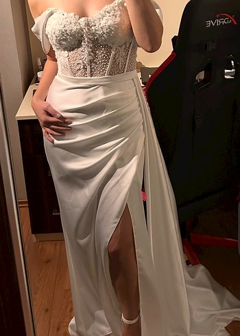 Modern Klasik Straplez dantelli Beyaz balık Kesim nikah elbisesi - Görsel 4