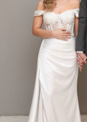 Modern Klasik Straplez dantelli Beyaz balık Kesim nikah elbisesi - Görsel 3