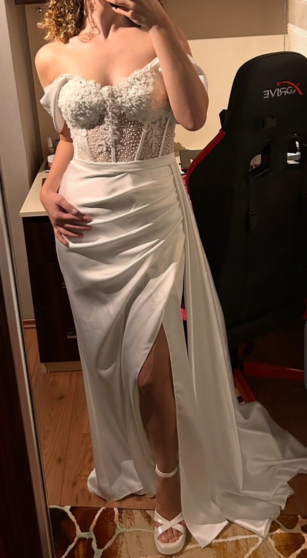 Modern Klasik Straplez dantelli Beyaz balık Kesim nikah elbisesi - Görsel 4