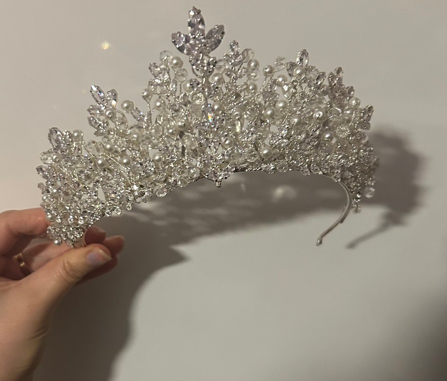 Işıltılı boncuklu ve taşlı Beyaz Düğün gelin Tacı - Görsel 4