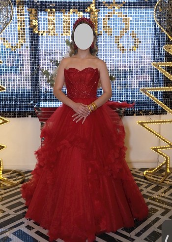 Kırmızı Straplez Fırfırlı Uzun Kına Kırmızı Abiye - Görsel 5