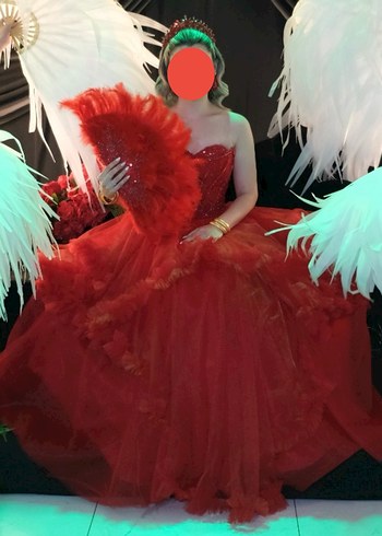 Kırmızı Straplez Fırfırlı Uzun Kına Kırmızı Abiye - Görsel 2