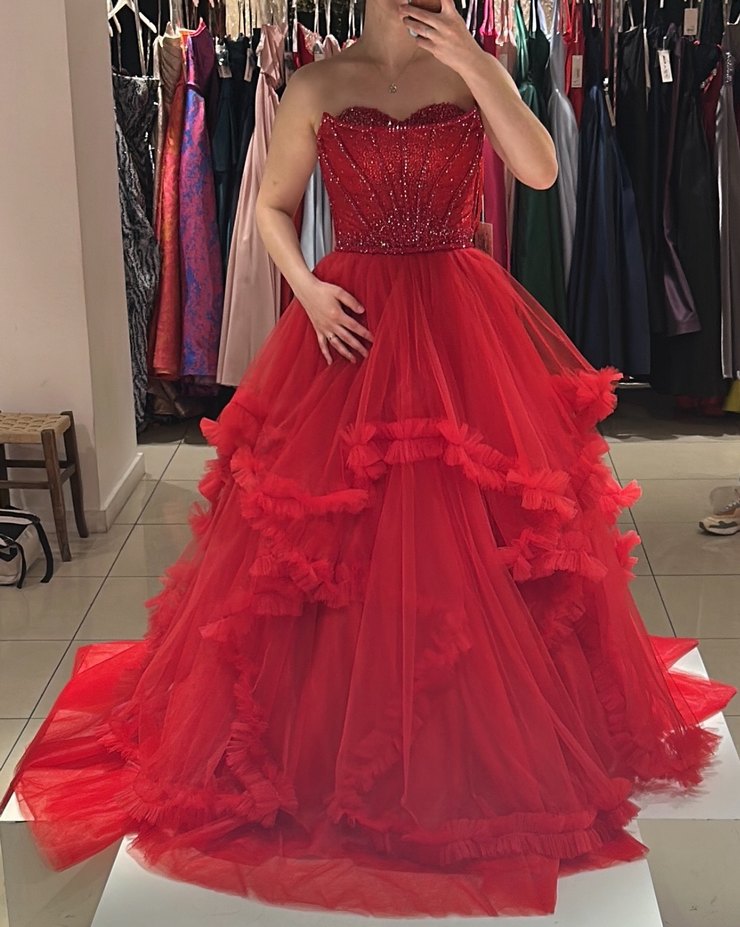 Kırmızı Straplez Fırfırlı Uzun Kına Kırmızı Abiye - Görsel 3