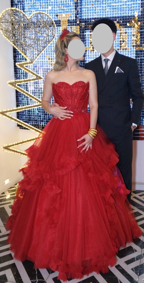 Kırmızı Straplez Fırfırlı Uzun Kına Kırmızı Abiye - Görsel 4