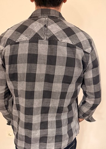 Gri Kareli Uzun Kollu Denim Gömlek - Görsel 4