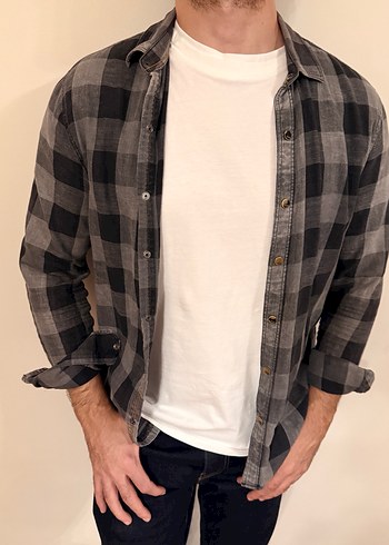 Gri Kareli Uzun Kollu Denim Gömlek - Görsel 2