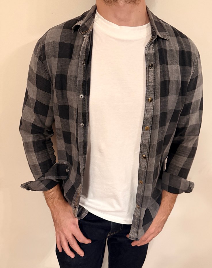 Gri Kareli Uzun Kollu Denim Gömlek - Görsel 2