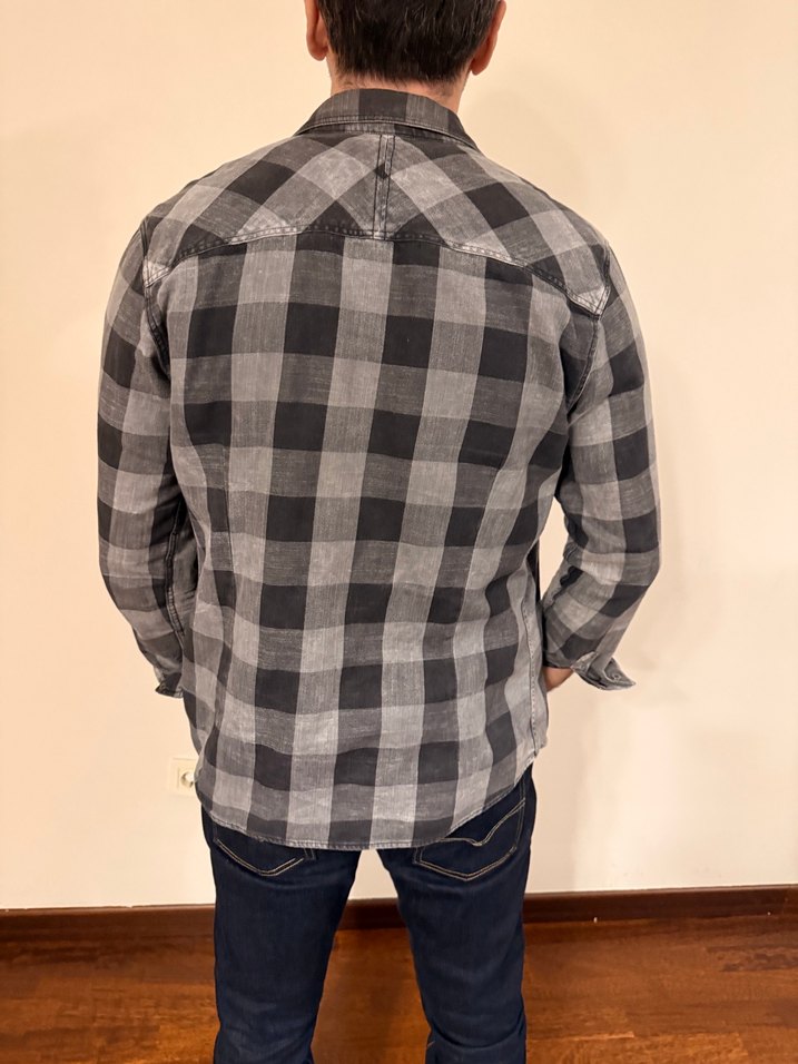 Gri Kareli Uzun Kollu Denim Gömlek - Görsel 3