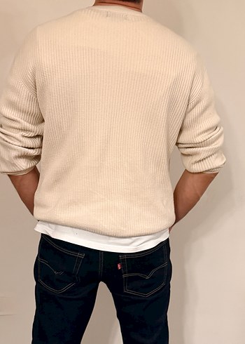 Bej Erkek Pamuklu Salaş Crew Neck Kazak - Görsel 2