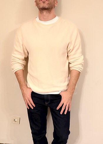 Bej Erkek Pamuklu Salaş Crew Neck Kazak - Görsel 3