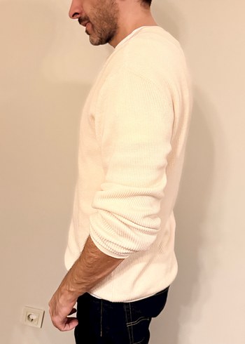 Bej Erkek Pamuklu Salaş Crew Neck Kazak - Görsel 4