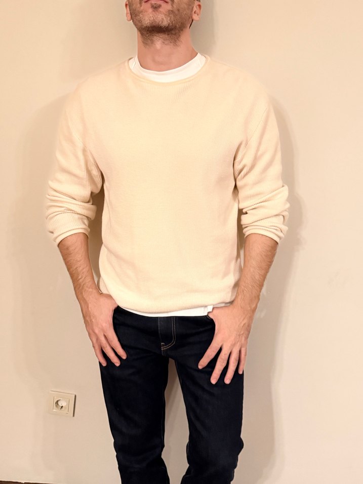 Bej Erkek Pamuklu Salaş Crew Neck Kazak - Görsel 3