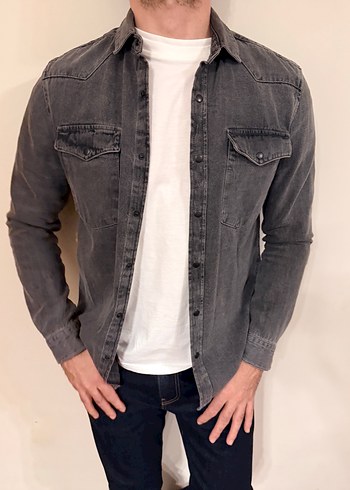 Gri Denim Uzun Kollu Erkek Gömlek - Görsel 2