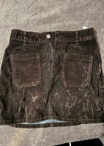 Düğmeli Kahverengi Denim Midi Etek