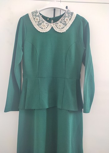 Diğer Yeşil Uzun Kollu Vintage Elbise