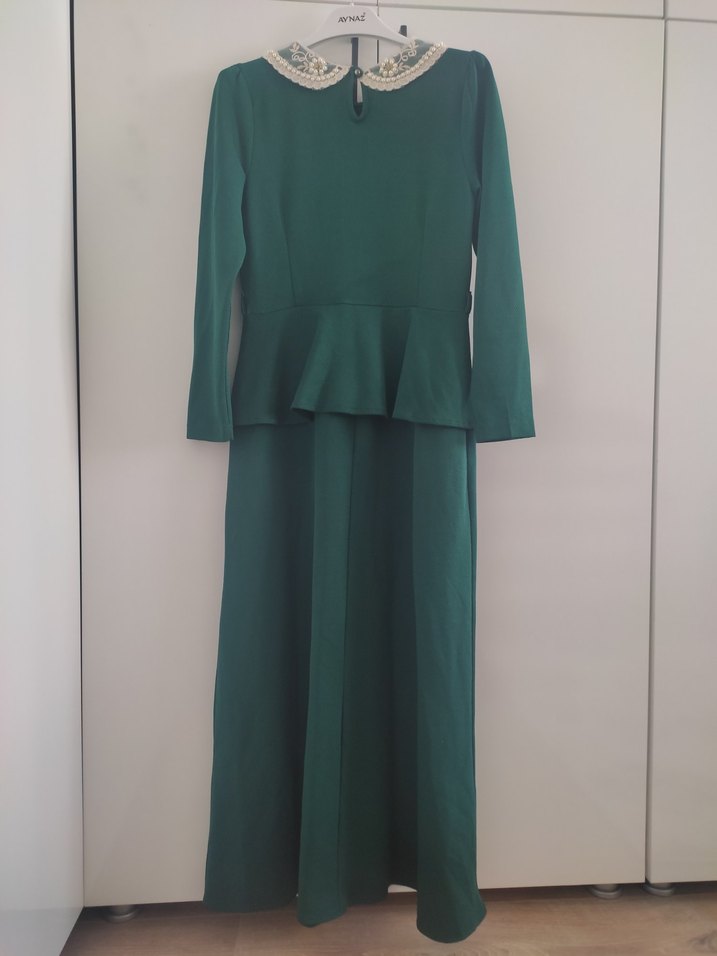 Yeşil Uzun Kollu Vintage Elbise - Görsel 5