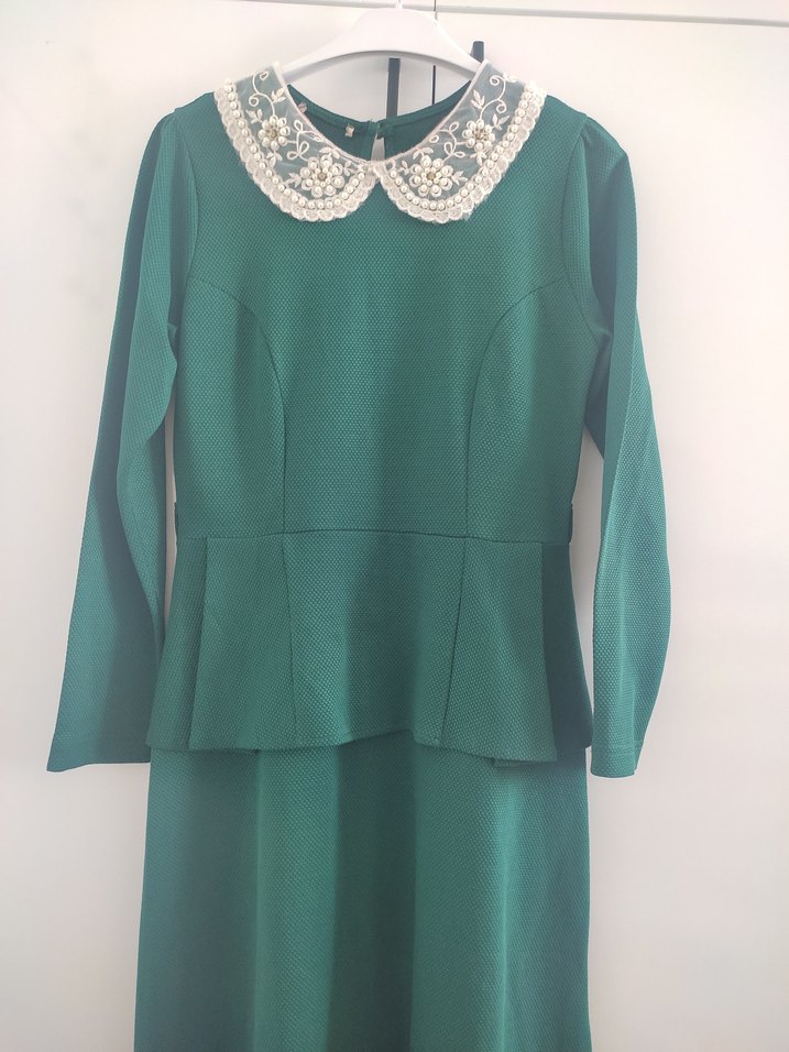 Yeşil Uzun Kollu Vintage Elbise - Görsel 2