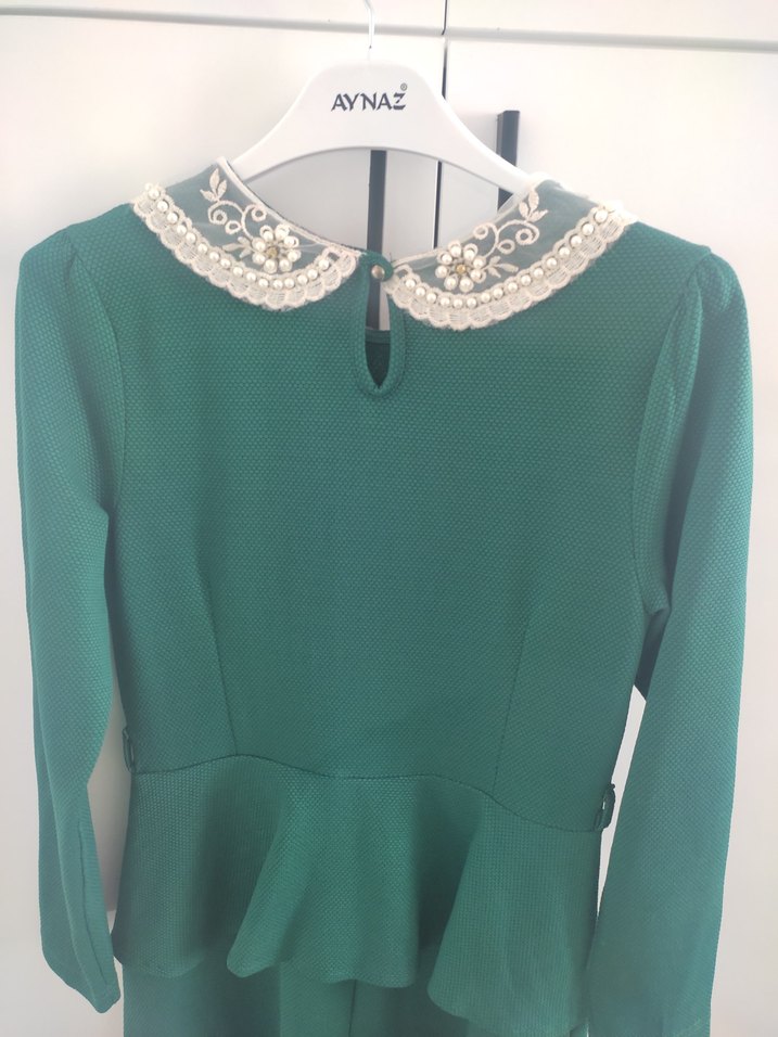 Yeşil Uzun Kollu Vintage Elbise - Görsel 4