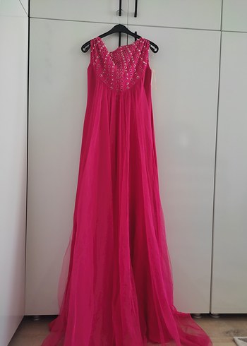 Kalın Askılı Tüllü Pembe Uzun Drapeli Abiye Elbise s-m (36-38) - Görsel 4