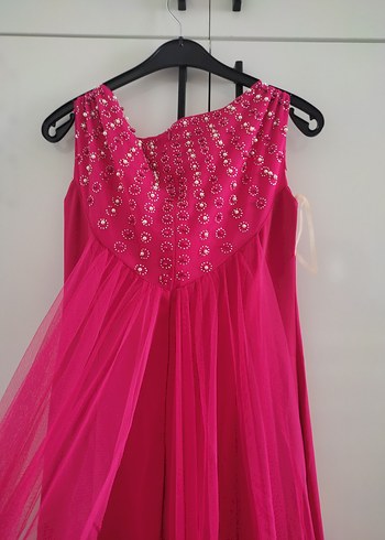 Kalın Askılı Tüllü Pembe Uzun Drapeli Abiye Elbise s-m (36-38) - Görsel 5