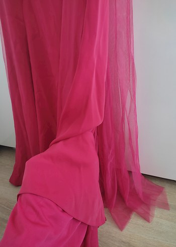 Kalın Askılı Tüllü Pembe Uzun Drapeli Abiye Elbise s-m (36-38) - Görsel 7