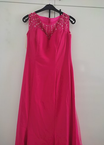 Kalın Askılı Tüllü Pembe Uzun Drapeli Abiye Elbise s-m (36-38) - Görsel 3