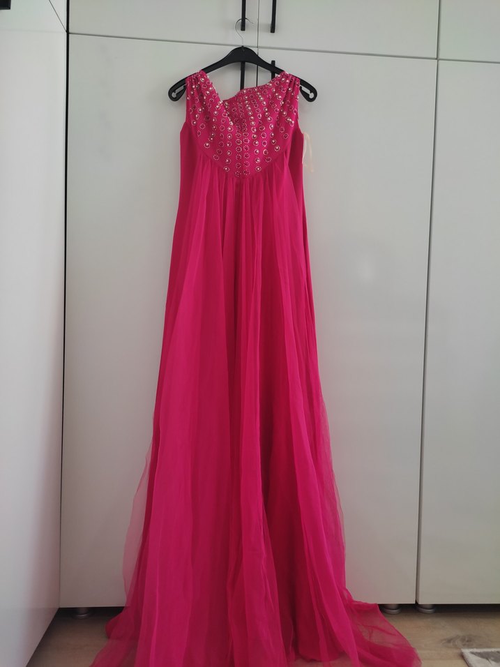 Kalın Askılı Tüllü Pembe Uzun Drapeli Abiye Elbise s-m (36-38) - Görsel 4