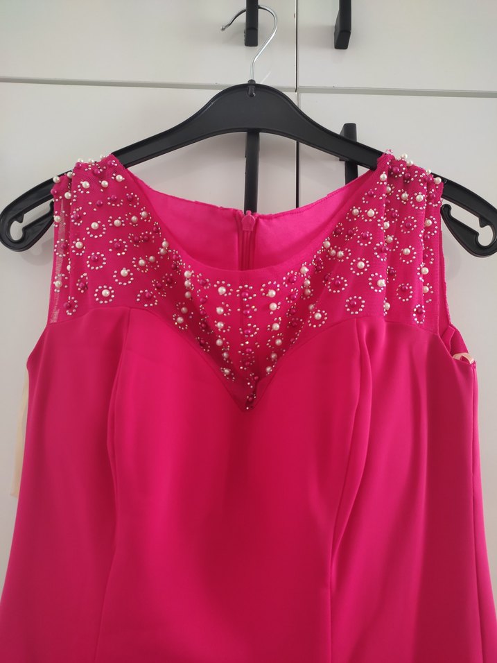 Kalın Askılı Tüllü Pembe Uzun Drapeli Abiye Elbise s-m (36-38) - Görsel 2