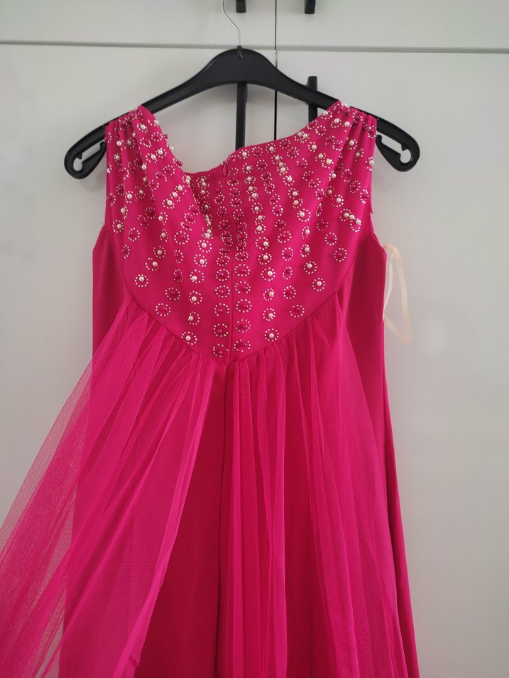 Kalın Askılı Tüllü Pembe Uzun Drapeli Abiye Elbise s-m (36-38) - Görsel 5