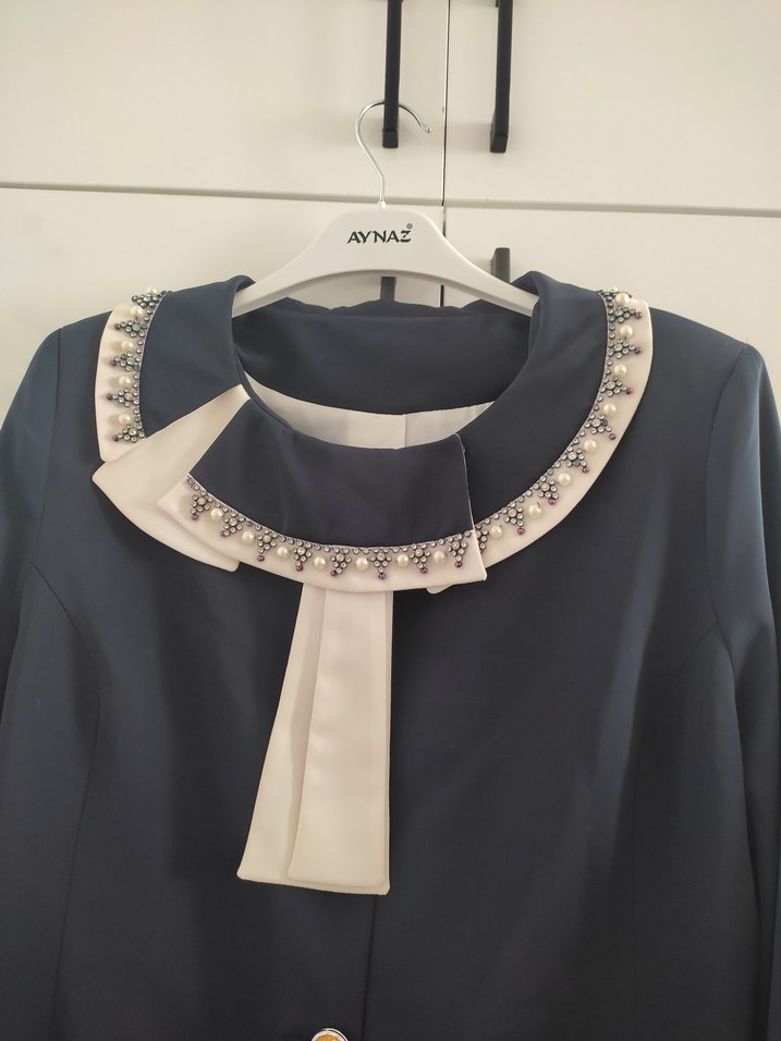 Düğmeli Uzun Anne Düğün Kıyafeti, Beyaz Mavi, 48 beden astarlı - Görsel 3