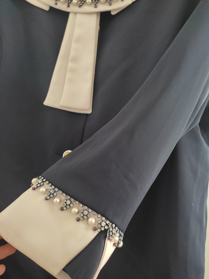 Düğmeli Uzun Anne Düğün Kıyafeti, Beyaz Mavi, 48 beden astarlı - Görsel 2