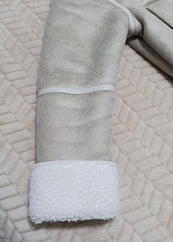 Bej Süet Kadın Ceket, Kürk Detaylı, Midi Boy - Görsel 2