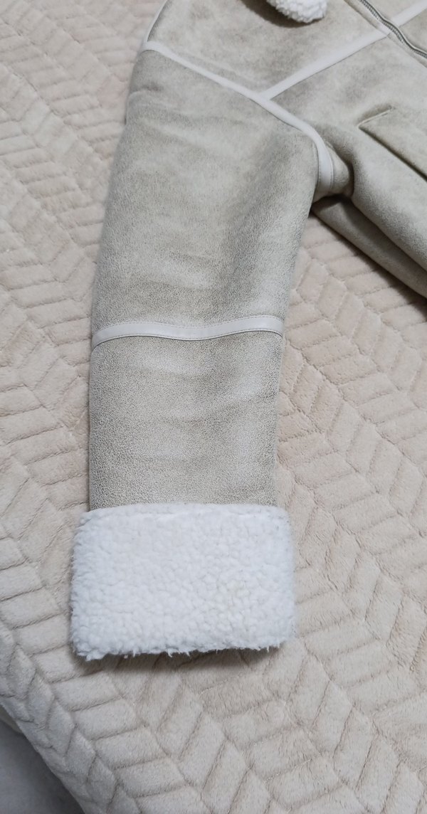 Bej Süet Kadın Ceket, Kürk Detaylı, Midi Boy - Görsel 2