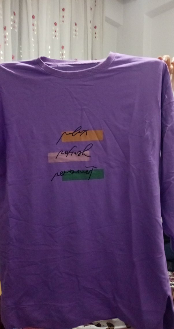 Bej Baskılı Kadın Sweatshirt, Uzun Kollu, Salaş - Görsel 4