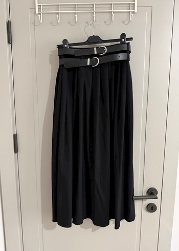 Massimo dutti Kemerli Siyah Uzun yırtmaçlı Etek - Görsel 5