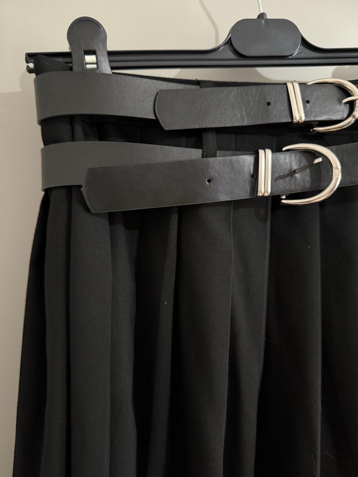 Massimo dutti Kemerli Siyah Uzun yırtmaçlı Etek - Görsel 3