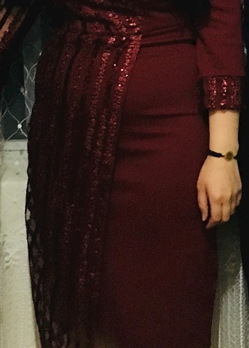 Abiye Bordo Parlak Drapeli Uzun Abiye Elbise