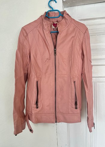 Pembe Deri Kadın Biker Ceket