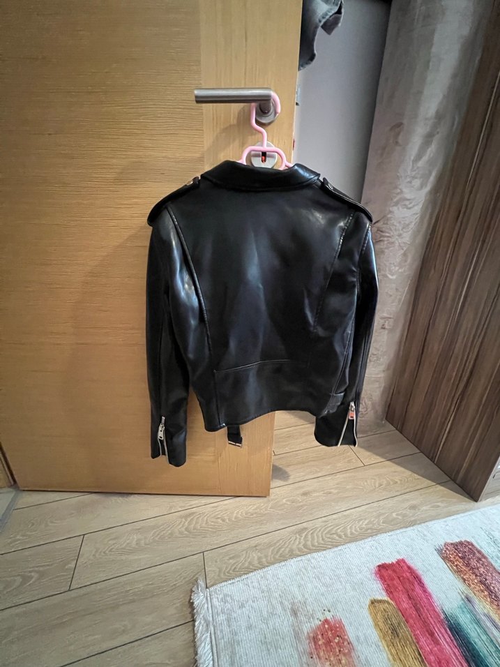 Kadın Siyah Deri Biker Ceket - Görsel 3