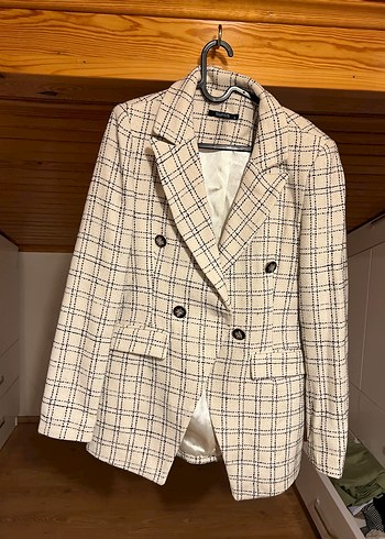 Bej Kareli Düğmeli Kadın Blazer Ceket - Görsel 3