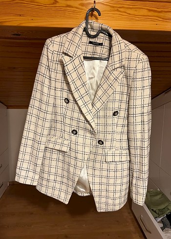 Bej Kareli Düğmeli Kadın Blazer Ceket - Görsel 5