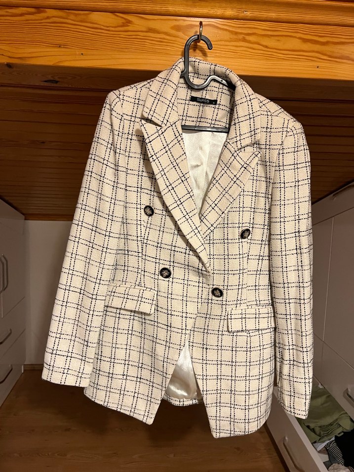 Bej Kareli Düğmeli Kadın Blazer Ceket - Görsel 3